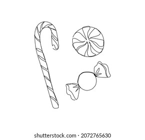 Christmas peppermint caramel candy line art. Continuous line drawing of new year, holidays, christmas, traditional sweets, marshmallow, caramel, stick.