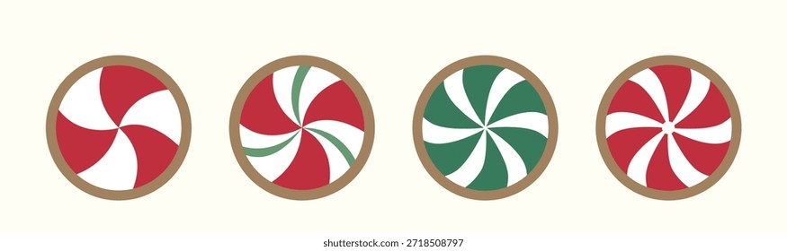 Christmas peppermint round candy gingerbread cookie clipart set.
Flat vector illustration.
White background.
