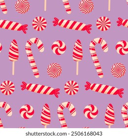 Christmas peppermint swirl candies, candy cane, lollipops seamless pattern. Christmas peppermint swirl candies seamless pattern.