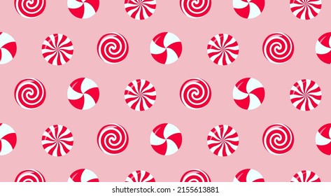 Christmas peppermint swirl candies seamless pattern. Vector illustration.