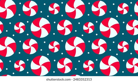 Christmas peppermint swirl candies seamless pattern. Holiday traditional sweet backdrop.