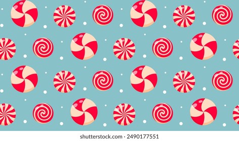 Christmas peppermint swirl candies seamless pattern. Holiday traditional backdrop. Perfect for fabrics, kids clothing and fashion print. 