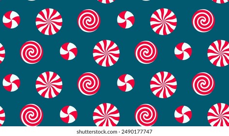 Christmas peppermint swirl candies seamless pattern. Holiday traditional backdrop. Perfect for fabrics, kids clothing and fashion print. 