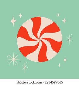 Christmas peppermint swirl candy vector illustration on blue background. Snowflake symbol and sparkles. Cute xmas concept, holiday greetings. New Year party design.