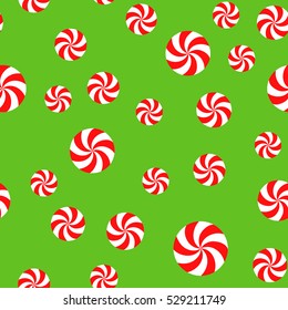 Christmas Peppermints Seamless Vector Pattern. Red and White Round Swirl Candy on Lime Green Background. Random Pattern. Tile Swatch Made with Global Colors.