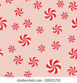 Christmas Peppermints Seamless Vector Pattern. Red and White Round Swirl Candy on Pink Background. Random Pattern. Tile Swatch Made with Global Colors.