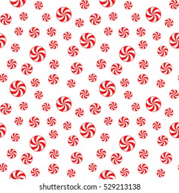 Christmas Peppermints Seamless Vector Pattern. Red and White Swirls Candy on White Background. Random Pattern. Tile Swatches Made with Global Colors.