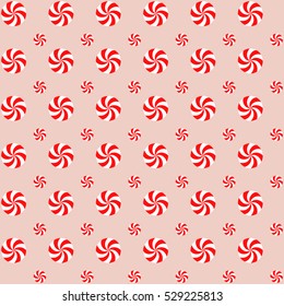Christmas Peppermints Seamless Vector Pattern. Big and Small Red White Swirls Candy on Pale Pink Background. Rows and Columns Polka Dot Pattern. Tile Swatch Made with Global Colors
