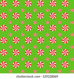 Christmas Peppermints Seamless Vector Pattern. Big and Small Red White Swirl Candy on Lime Green Background. Rows and Columns Polka Dot Pattern. Tile Swatch Made with Global Colors.