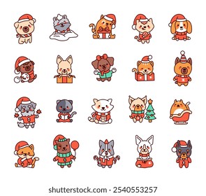 Christmas pets kawaii cute cartoon characters in winter holiday costumes with gifts and festive decorations for kids illustrations