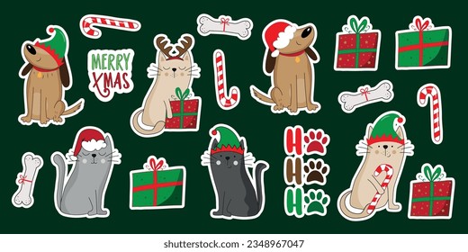 Christmas pets sticker set. Cute dogs and cats in santa hat and elf hat. Bone, gift box and candy cane.