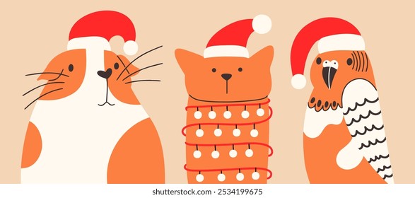 Animais de Natal usando chapéus de Papai Noel. Retratos de animais de férias bonitos. Porco-da-índia, gato e papagaio, animais populares