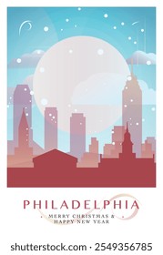 Christmas Philadelphia retro poster for winter  festives, New Year in USA. Greetings, happy holidays and merry xmas from Pennsylvania, United States of America vector postcard layout