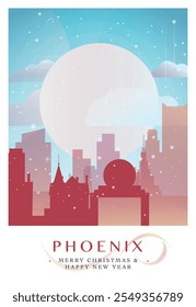 Christmas Phoenix retro poster for winter  festives, New Year in USA. Greetings, happy holidays and merry xmas from Arizona, United States of America vector postcard layout