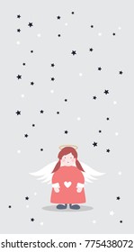 Christmas phone wallpaper with cute girl angel on a winter day. Vector illustration.