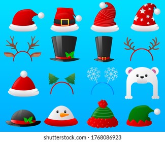 Christmas photo booth and cartoon Christmas hat set. Flat icon set Christmas carnivals caps. Vector illustration