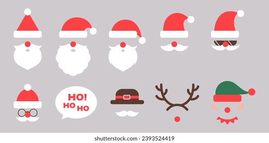 Christmas photo booth collection. Santa Claus various red hat set, moustache, beard, Elf, Deer horn. Xmas clip art. Holiday winter party concept. Isolated. Trendy style vector flat illustration.