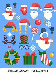 Christmas photo booth design elements icon set. Merry Christmas and Happy New Year illustrations