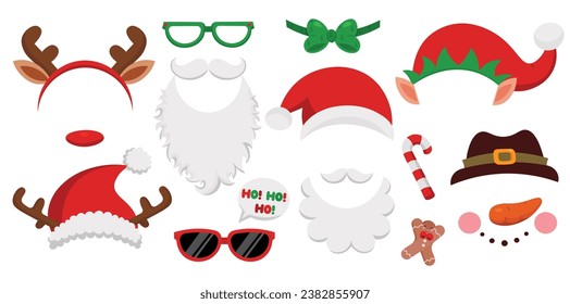 Christmas photo booth design. Xmas party props. New year decoration costume cartoon style. Isolated on white background. Vector elements set.