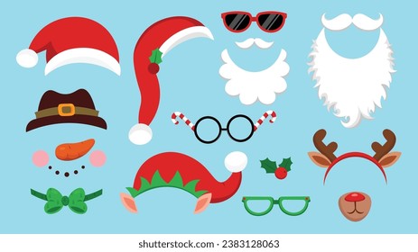 Christmas photo booth elements.  Xmas decoration costume cartoon style. New year party props. Isolated on white background. 