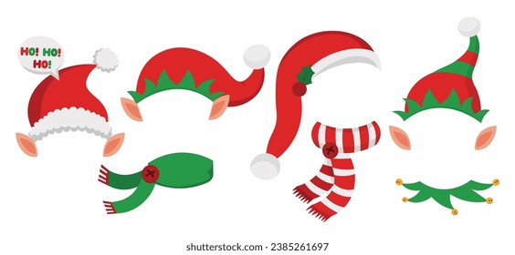 Christmas photo booth elements. Xmas party props. New year decoration costume cartoon style. Isolated on white background. Vector set.
