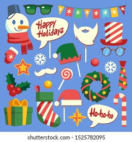 Christmas photo booth. Holiday props santa hat and beard, glasses and gift box. Face mask and elf hats, snowman and snowflakes vector new year nice decoration set