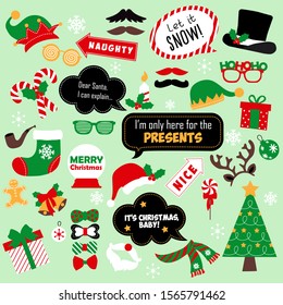 Christmas photo booth props. Merry christmas party. Red and green cards and speech bubble with funny quotes for christmas. Vector photo stand set: Santa and elf hat, beard, deer, snowman, candy.