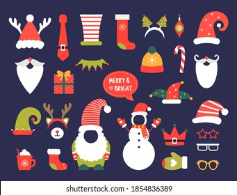 Christmas photo booth props. Merry Christmas party. Vector photobooth set in red and green colors: Santa and elf hat, beard, deer, snowman, gnome, mustache. New year selfie.