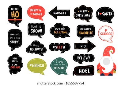 Christmas photo booth props. Merry Christmas party. Red and green cards and speech bubbles with funny quotes for Christmas. Vector photobooth set.