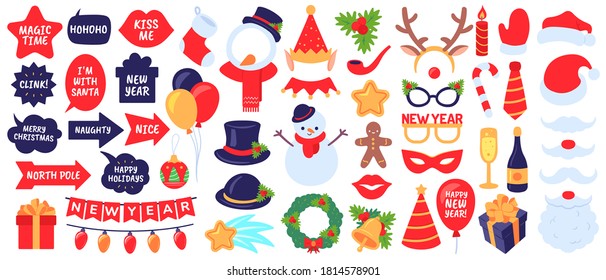 Christmas photo booth props. New year party, holiday decorative elements. Masks, hats and beard, snowman, gifts, stocking vector set. Christmas booth, beard and mustache, snowflake illustration