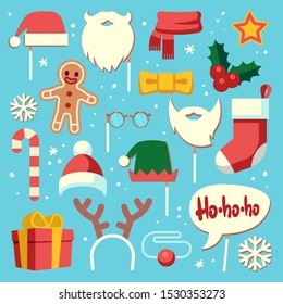 Christmas photo booth. Props santa hat and beard, elf hat, festive gift stocking. Snowflake, deer horns holiday accessory vector xmas sign candy and decorations for party set
