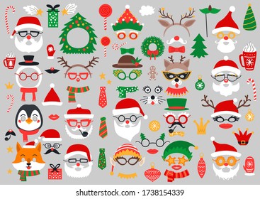 Christmas photo booth props and scrapbooking vector set. Party decoration with Santa, deer, elf, snowman.