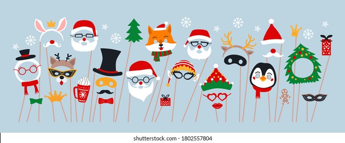 Christmas photo booth props and scrapbooking vector set. Party decoration with Santa, deer, elf, snowman.