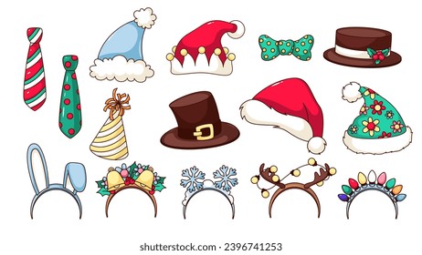 Christmas photo booth props set vector illustration. Cartoon isolated Xmas accessory collection for selfie with Santa Claus hats, reindeer and bunny headbands, funny Christmas necktie and bowtie