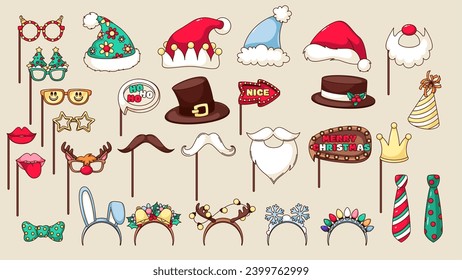 Christmas photo booth props set vector illustration. Cartoon isolated Xmas accessory and costume collection with masks and headbands, reindeer antlers and star glasses, moustache and nose of Santa