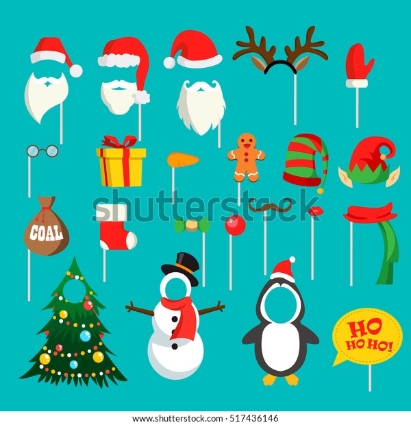 Christmas photo booth props\
set with Santa hat and beard, elf hat, festive gift, coal,\
Christmas stocking, snowman, penguin, tree, vector. Party\
decoration. Hats\
props