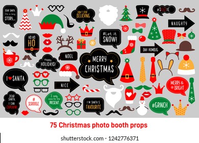 Christmas photo booth props. Vector photobooth set: Santa and elf hat, beard, deer, snowman, candy, mustache, lips. Red and green cards and speech bubble with funny quotes for christmas. 