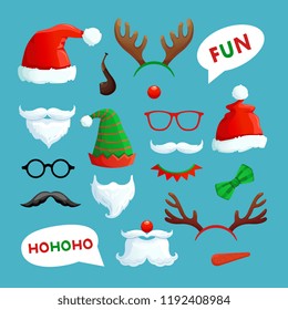 Christmas photo booth. Santa hats, mustache, beard and reindeer antlers xmas props vector collection. Santa hat and xmas booth reindeer antlers and mustache claus illustration