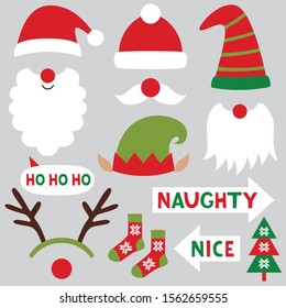 Christmas photo booth and scrapbooking vector set (Santa, deer, elf, gnome, naughty and nice signs)