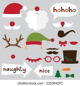 Christmas Photo Booth And Scrapbooking Vector Set (Santa, Deer, Elf, Snowman, Naughty And Nice Signs)