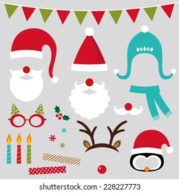 Christmas photo booth and scrapbooking vector set (Santa, deer, penguin, xmas decoration)