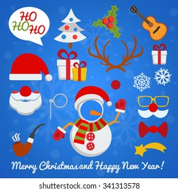Christmas photo booth and scrapbooking vector set with Santa Claus snowman deer etc