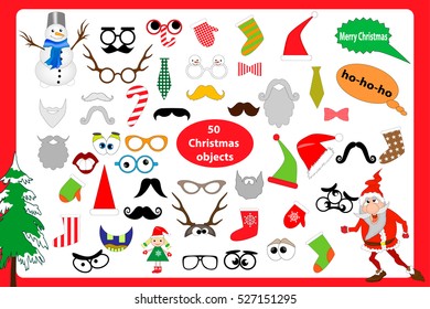 Christmas Photo Booth And Scrapbooking Vector Set. Big Set Of Christmas Party Graphic Elements. Vector Illustration Mask, Photobooth Props. 