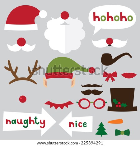 Christmas photo booth and scrapbooking vector set (Santa, deer, elf, snowman, naughty and nice signs)