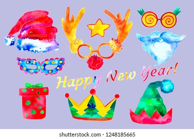 Christmas photo booth set collection. Watercolor hand drawn style. Isolated vector