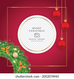 Christmas photo frame design with red and golden color decorative balls. Christmas photo frame design with golden leaves and green color wreaths. Christmas red background design with other ornaments.