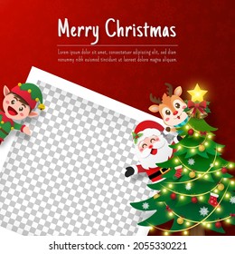 Christmas photo frame with Santa Claus and friend, Paper cut illustration