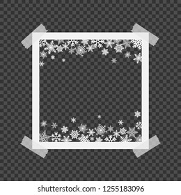 Christmas photo frame with shadow. Photo frames with adhesive tape. Template photo frame with snowflakes for Christmas photos. Vector illustration.