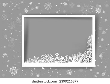 Christmas photo frame with snow in corner template shadow and snowfall on gray background. Winter Holiday photography ice snowflake ornament mockup