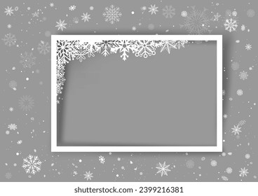 Christmas photo frame snow corner template with shadow and snowfall on gray background. Winter Holiday photography ice snowflake ornament mockup